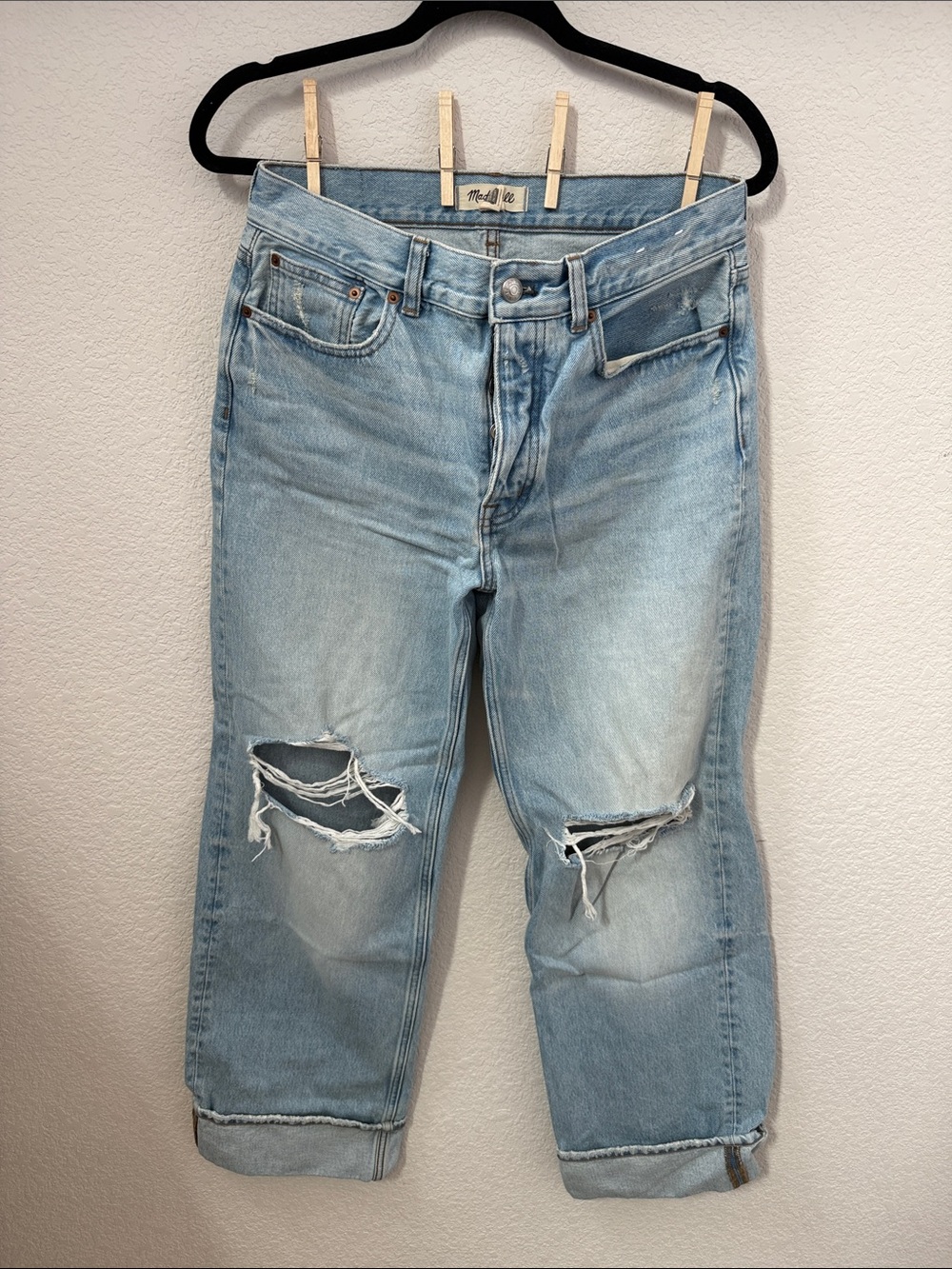 Madewell Low-Slung Baggy Light Blue Ripped Straight Jeans Size 26
